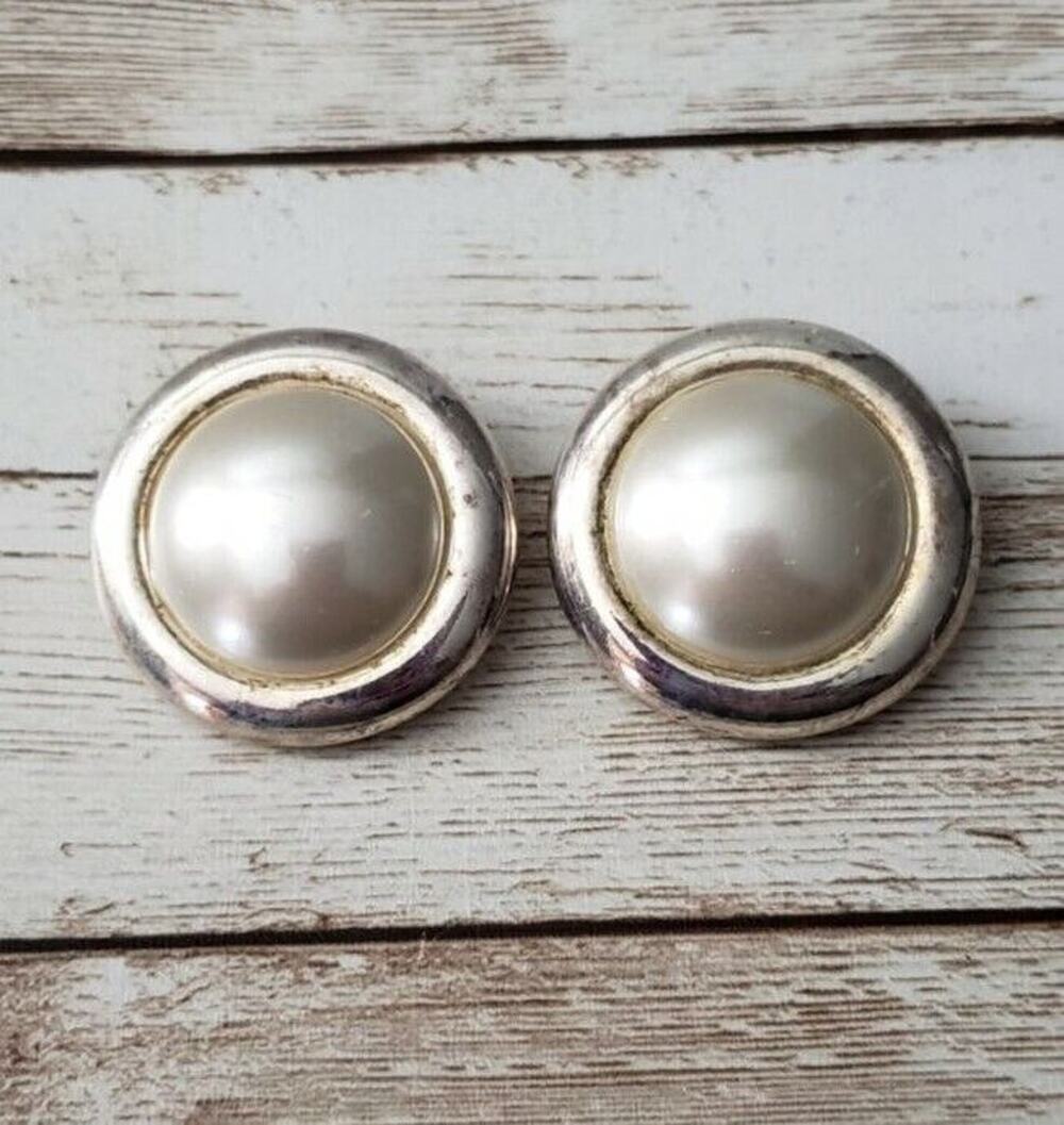 Vintage Premier Clip On Earrings Faux Pearl with Gold Tone Circle
